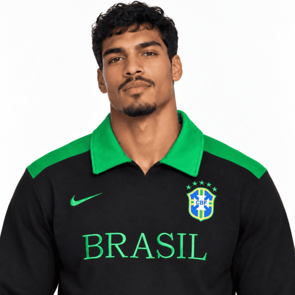 Brazil national team long sleeve polo shirt in black and green with crest and 'BRASIL' text.
