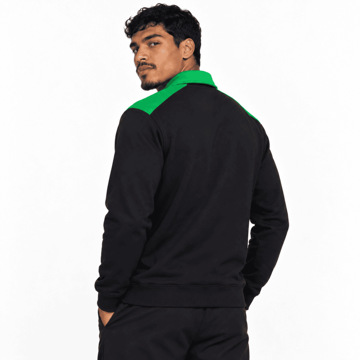 Black and green sports jacket with green collar, back view.