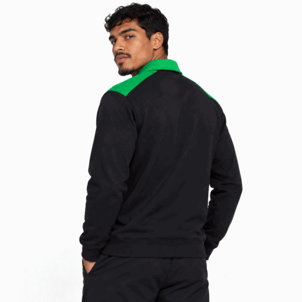 Black and green sports jacket with green collar, back view.