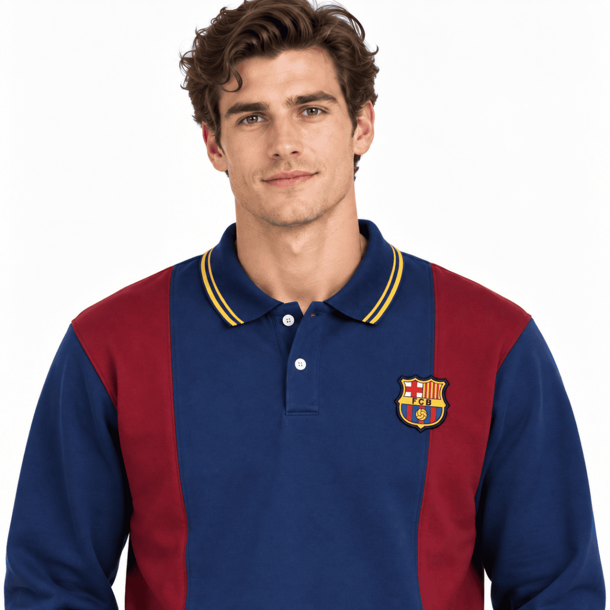 Man wearing FC Barcelona long sleeve jersey with blue and maroon colors.