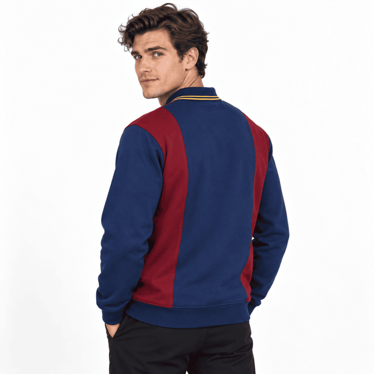 Man wearing a blue and red long sleeve sports jersey, back view.