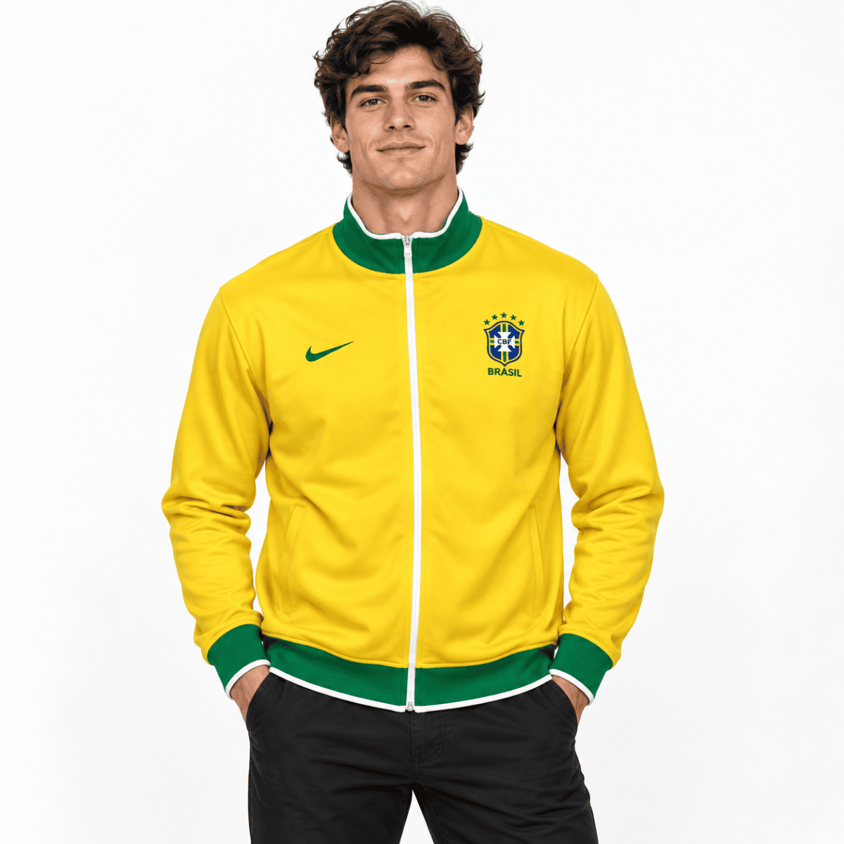 Brazil national team longsleeve jersey in yellow and green with logo and Nike swoosh.
