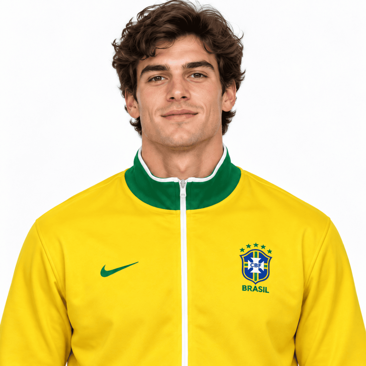 Brazil national team long-sleeve yellow and green kit with crest and Nike logo.