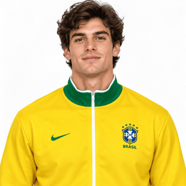 Brazil national team long-sleeve yellow and green kit with crest and Nike logo.