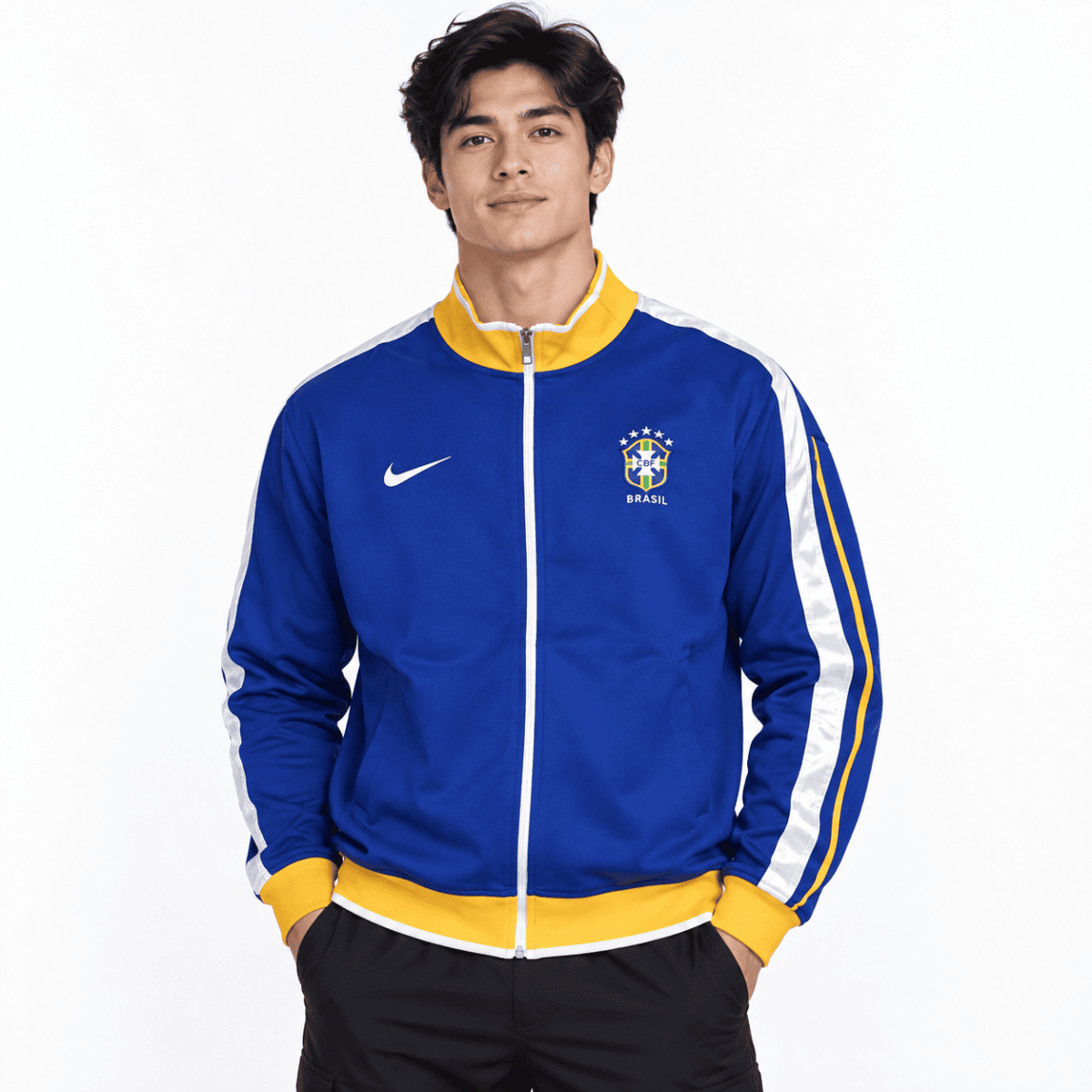 Brazil national team longsleeve jersey in blue and yellow with crest and Nike logo.
