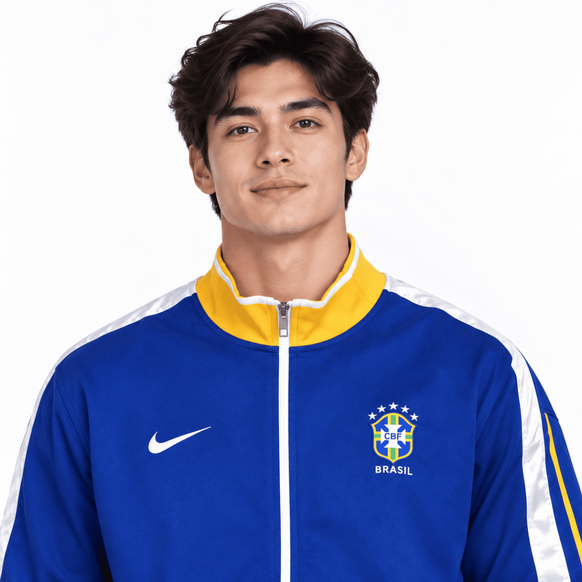 Brazil national team long sleeve jersey in blue and yellow with crest and Nike logo.
