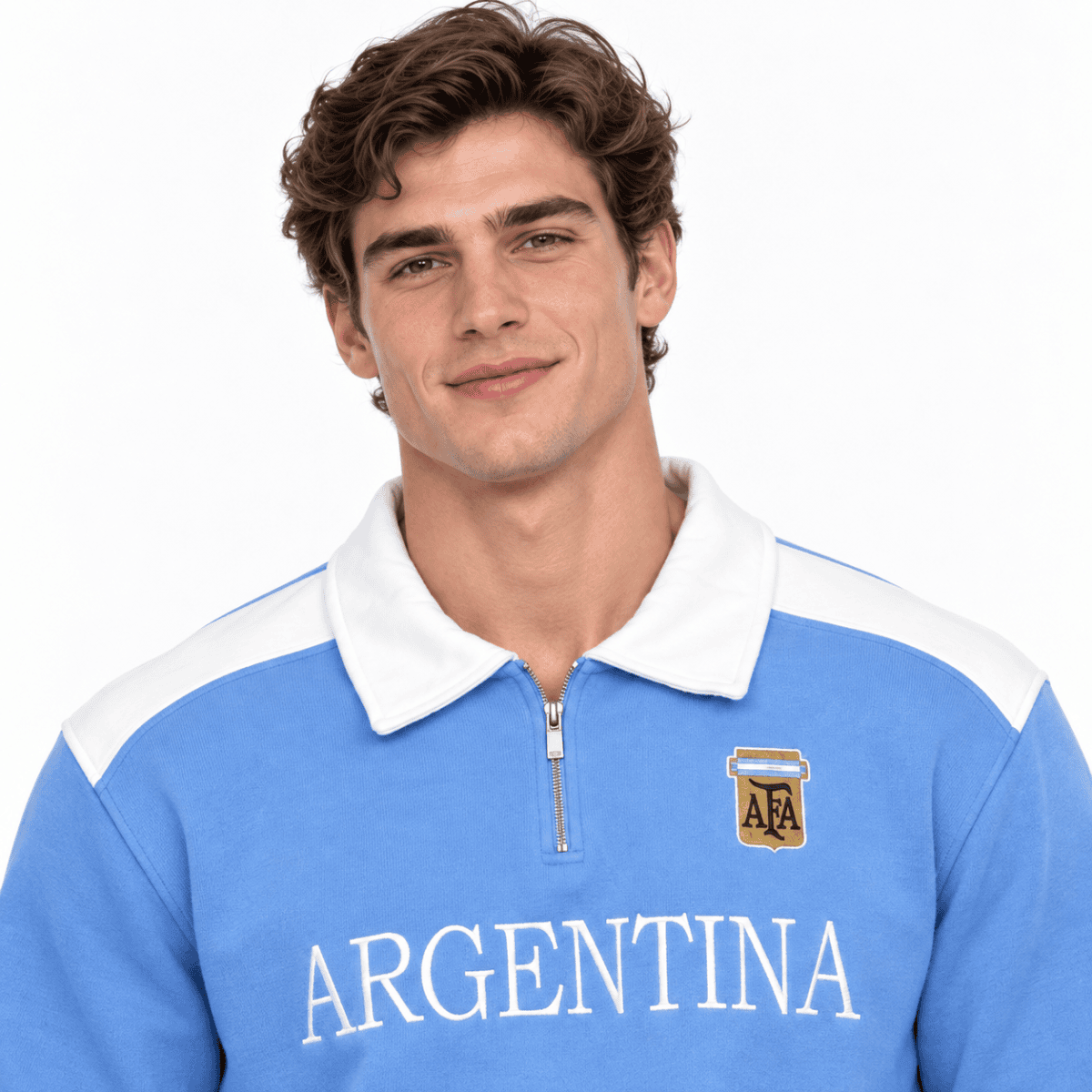 Man wearing Argentina long sleeve polo with blue and white colors.