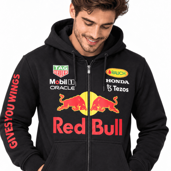 Black Red Bull hoodie with sponsor logos and Red Bull branding.
