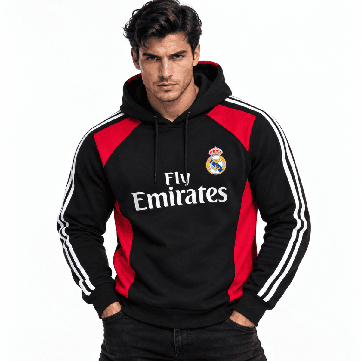 Real Madrid hoodie black and red with club crest and Fly Emirates logo.