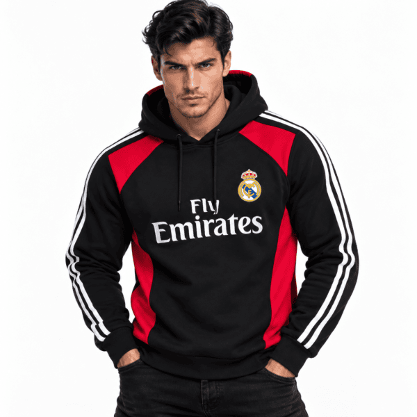 ChatGPT Image Sep 19 2026 06_30_21 PM 1 - UAE SPORT STORE Real Madrid hoodie black and red with club crest and Fly Emirates logo.
