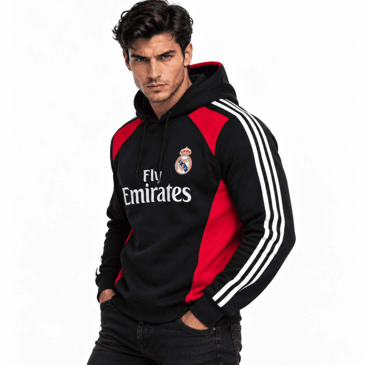 Real Madrid hoodie black and red with club crest and white stripes on sleeves.