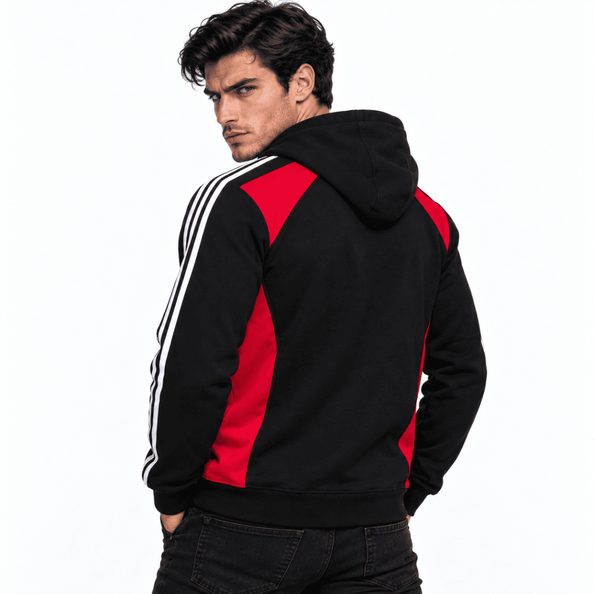 Male model wearing black and red hoodie with white stripes on sleeves.