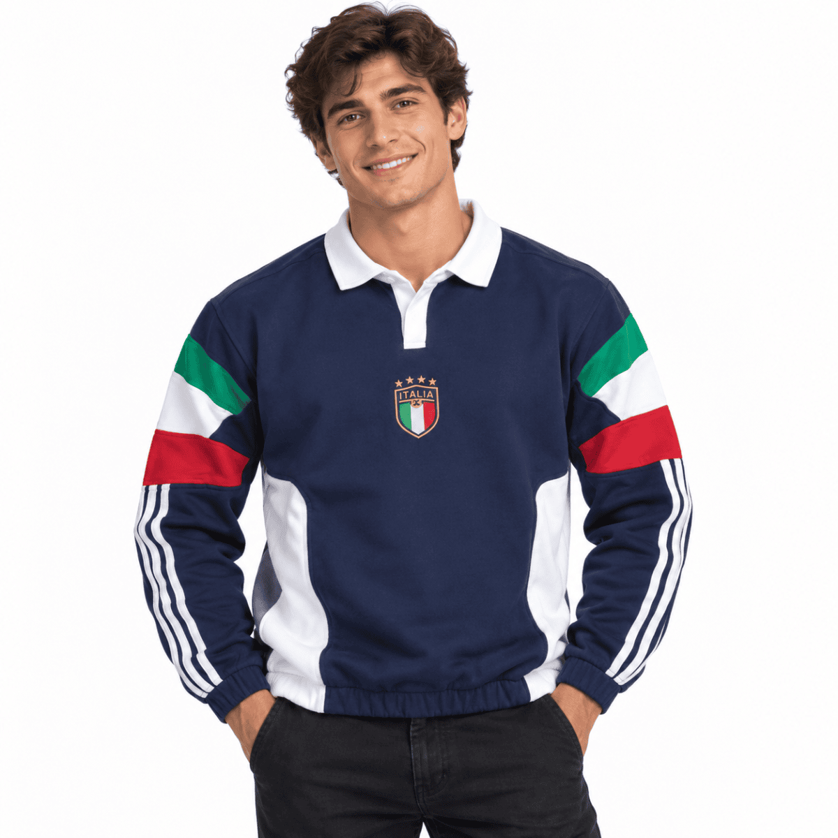 Italy national team long sleeve polo in blue, white, green, and red colors.
