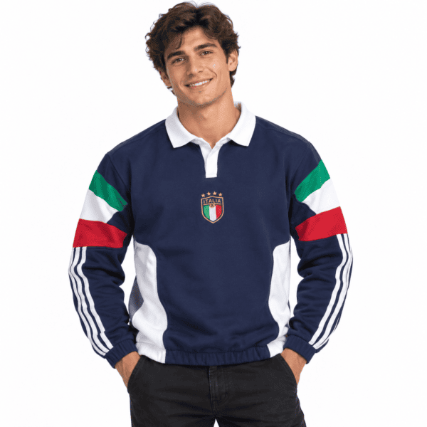 Italy national team long sleeve polo in blue, white, green, and red colors.