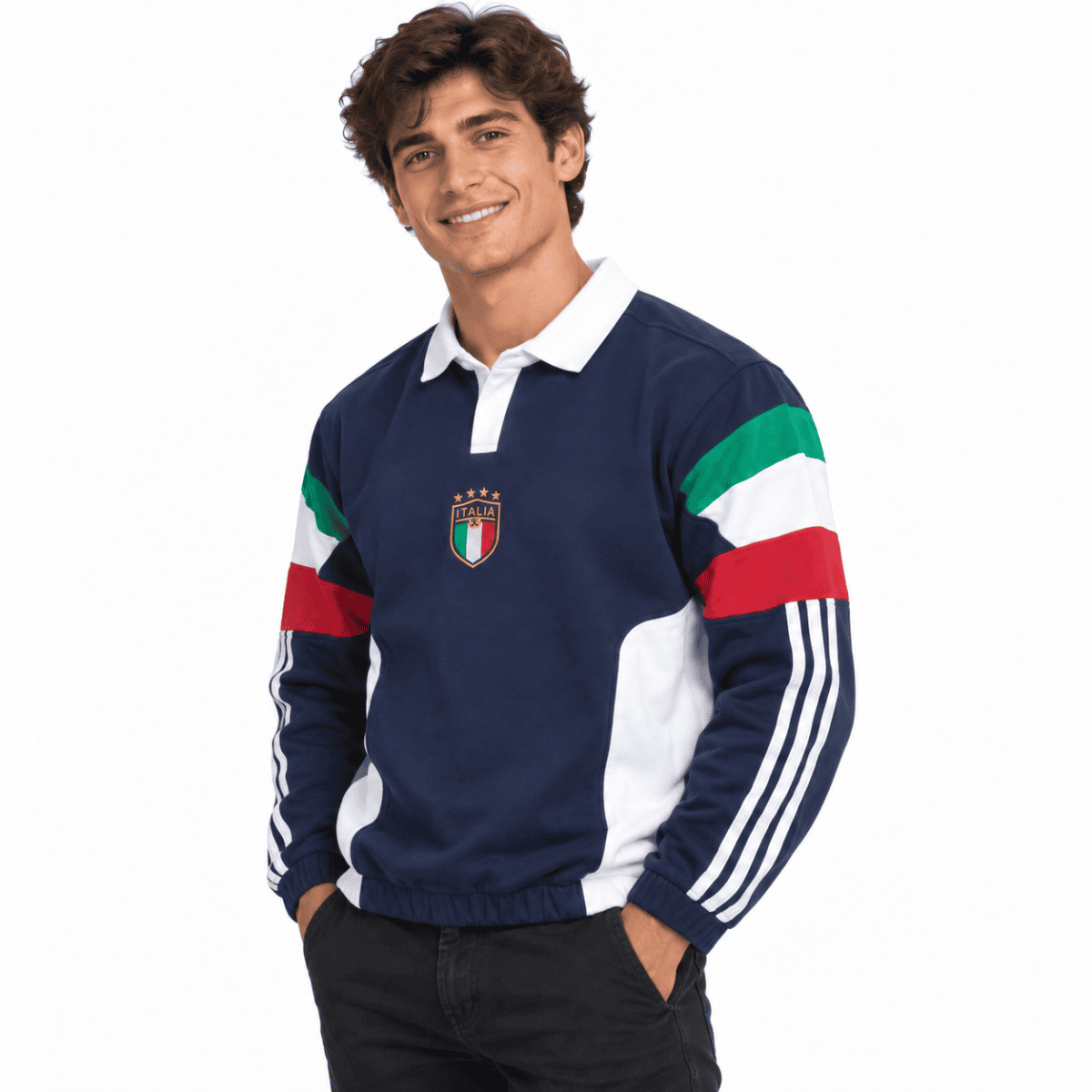Italy national team longsleeve polo with green, white, and red sleeves.