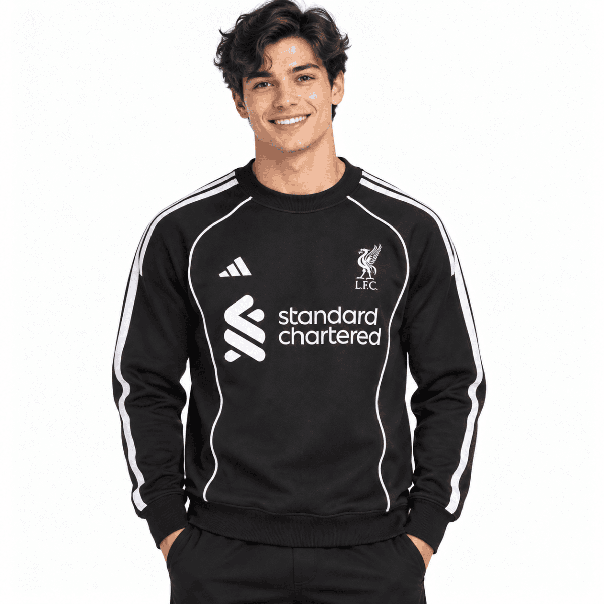 Liverpool black sweatshirt with white stripes and club logo, front view.