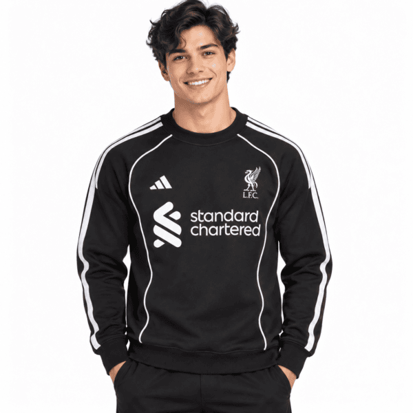 ChatGPT Image Sep 19 2026 07_11_13 PM 1 - UAE SPORT STORE Liverpool black sweatshirt with white stripes and club logo, front view.