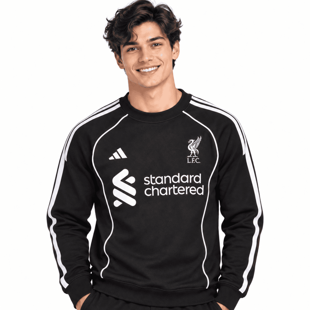 Liverpool black sweatshirt with club logo and sponsor, long sleeves, front view.
