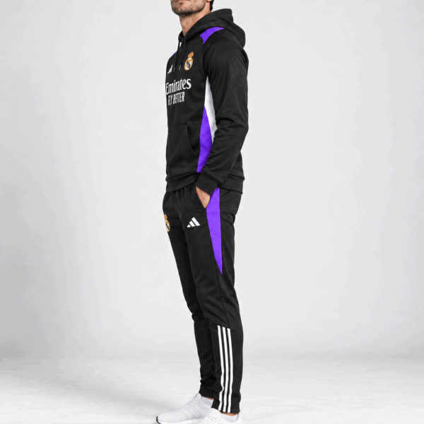 Real Madrid hoodie tracksuit in black, purple, and white with club logo.