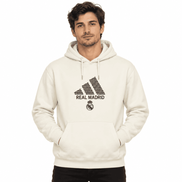 Real Madrid hoodie with logo and badge, white color, front view.