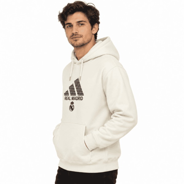 Real Madrid Milky Hoodie 2024/25 in white with club logo and Adidas branding.