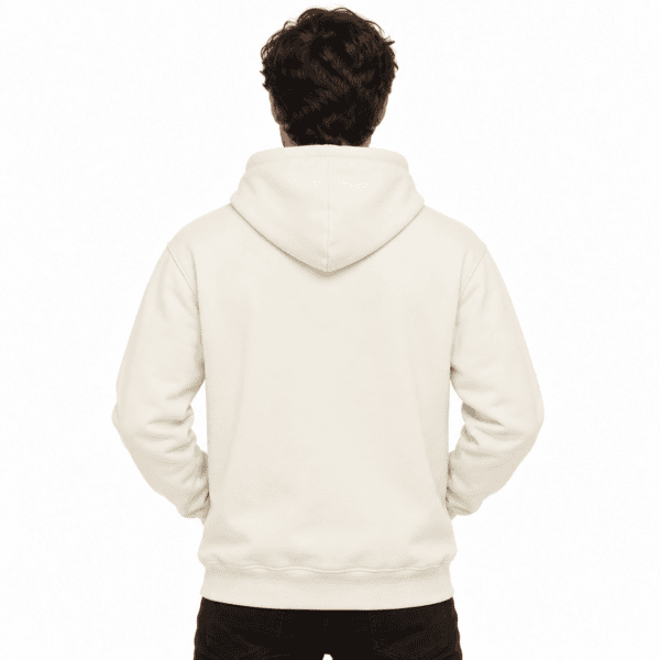 Back view of a man wearing a plain white hoodie with a hood.