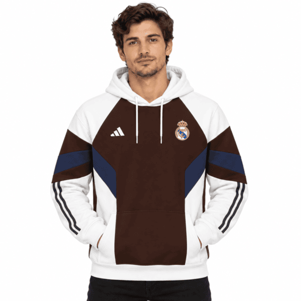 ChatGPT Image Sep 22 2026 06_15_20 PM 1 - UAE SPORT STORE Real Madrid hoodie with brown, white, and blue colorblock design and club crest.