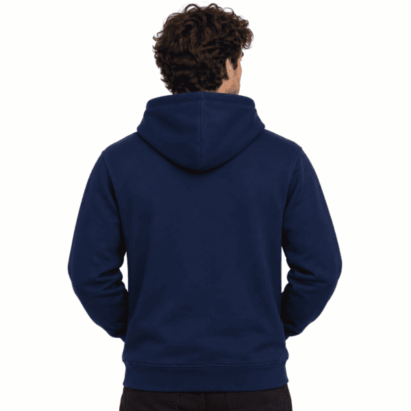 Navy hoodie with no visible logos or branding, back view.