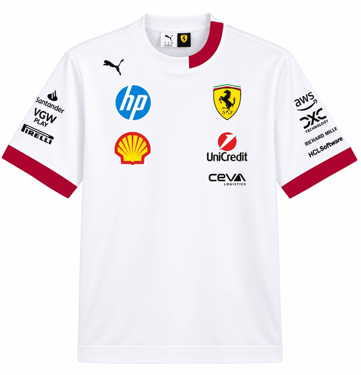 Ferrari F1 team white jersey with sponsor logos and red accents on sleeves and collar.