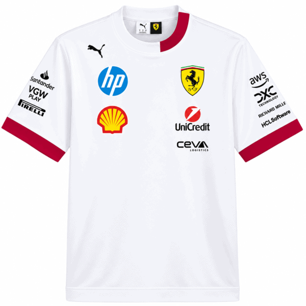 ChatGPT Image Sep 4 2026 05_46_35 PM - UAE SPORT STORE Ferrari F1 team white jersey with sponsor logos and red accents on sleeves and collar.