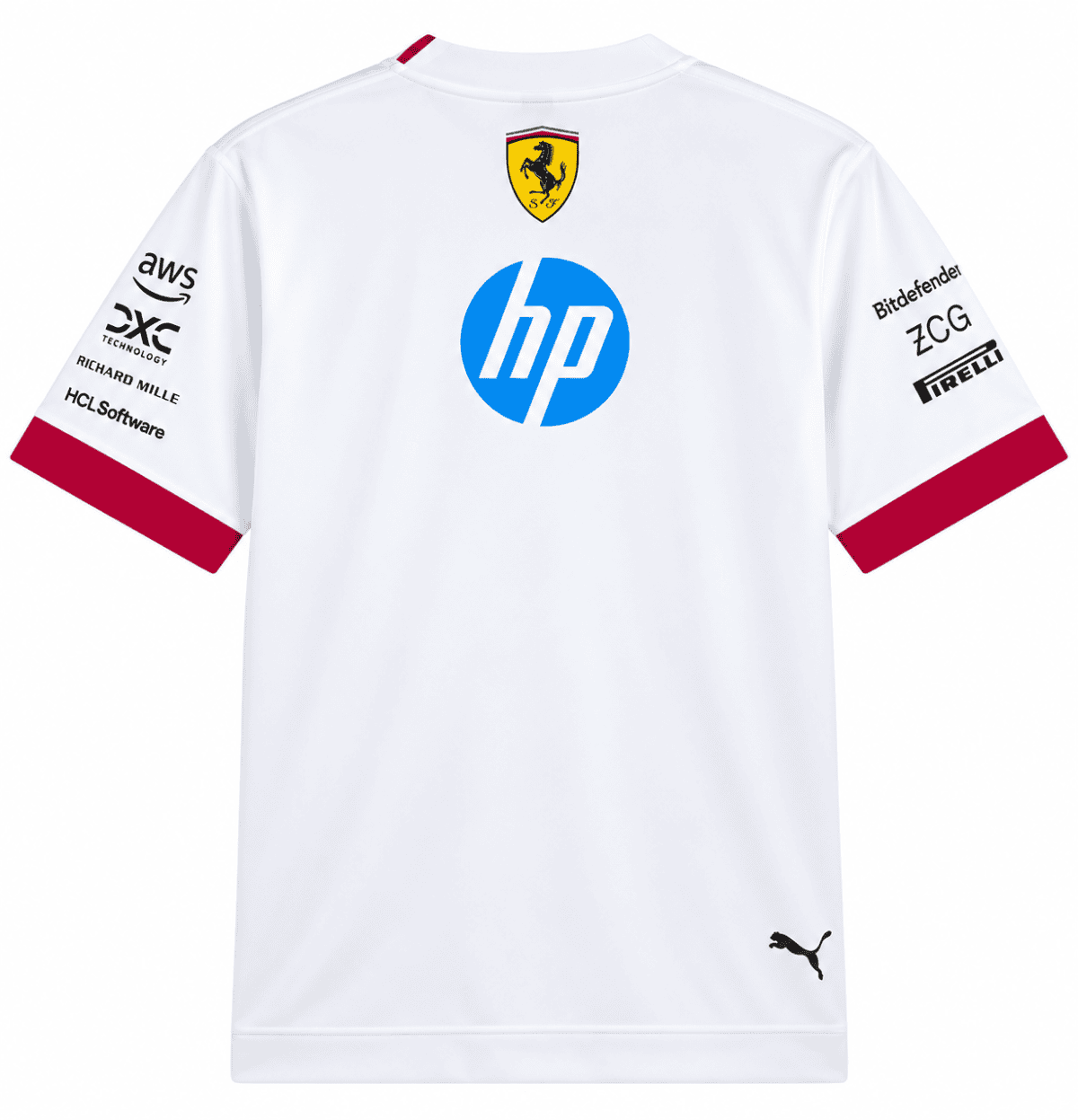 White Ferrari F1 team jersey with red accents, HP logo, and Ferrari crest.