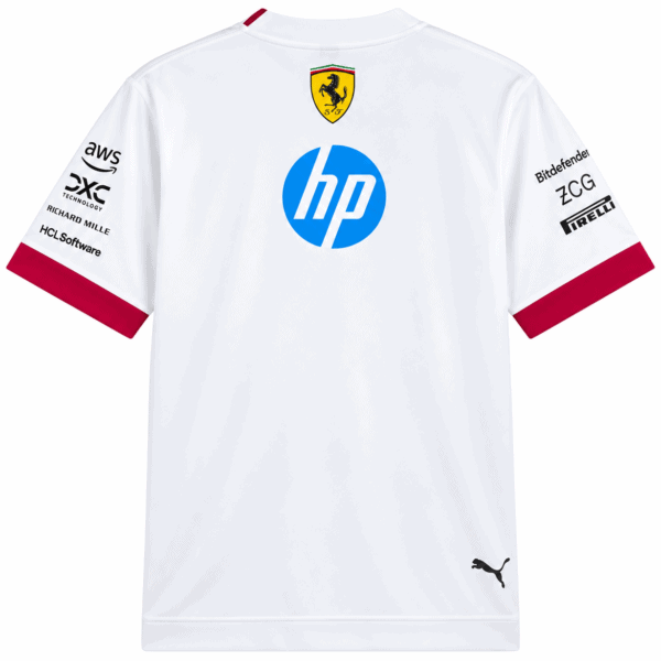 White Ferrari F1 team jersey with red accents, HP logo, and Ferrari crest.