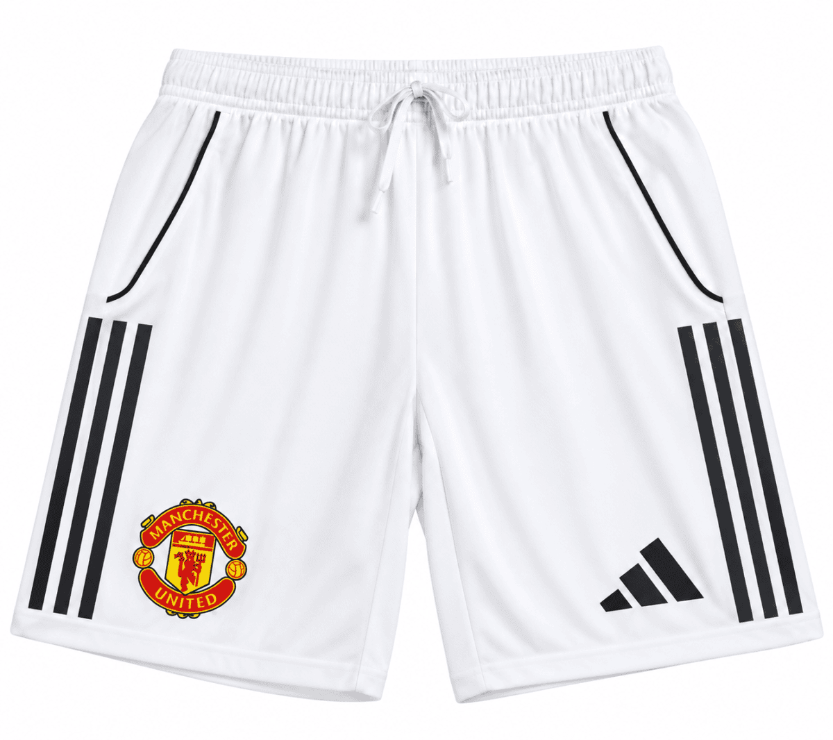 Manchester United home shorts 2025/26 in white with black stripes and logo.