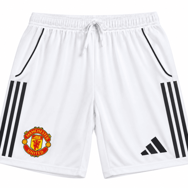 Manchester United home shorts 2025/26 in white with black stripes and logo.
