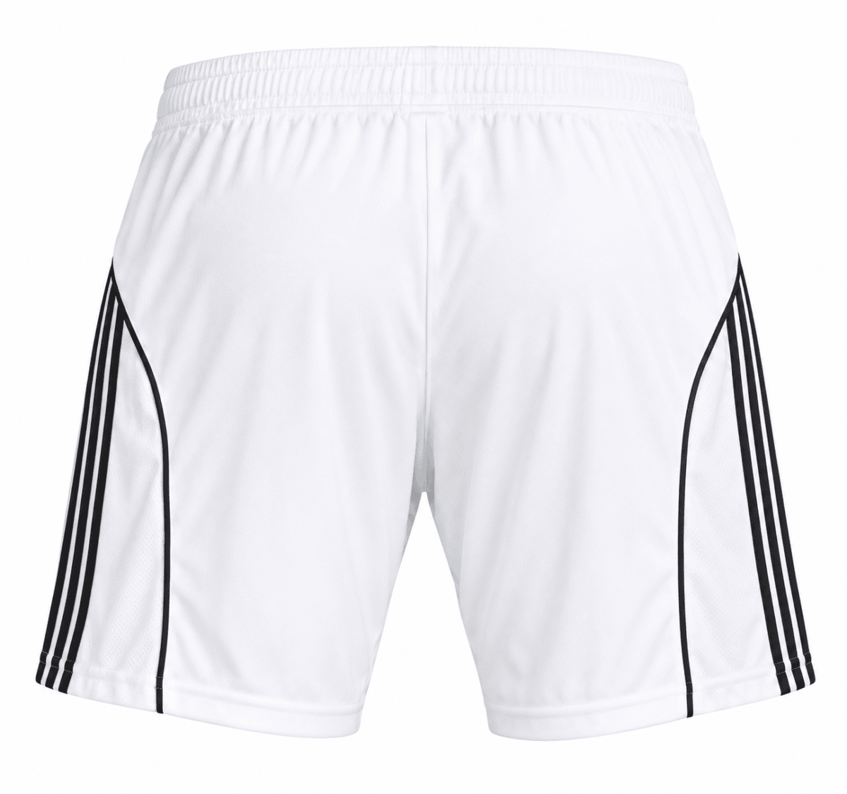 Manchester United home shorts 2025/26 season in white with black stripes.