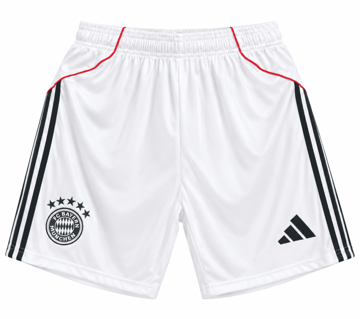 FC Bayern away shorts 2025/26 in white with black and red accents.