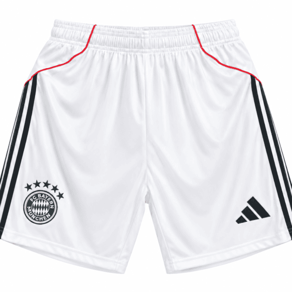 FC Bayern away shorts 2025/26 in white with black and red accents.