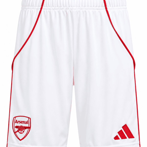 Arsenal home shorts 2025/26 with red logo and stripes on white fabric.