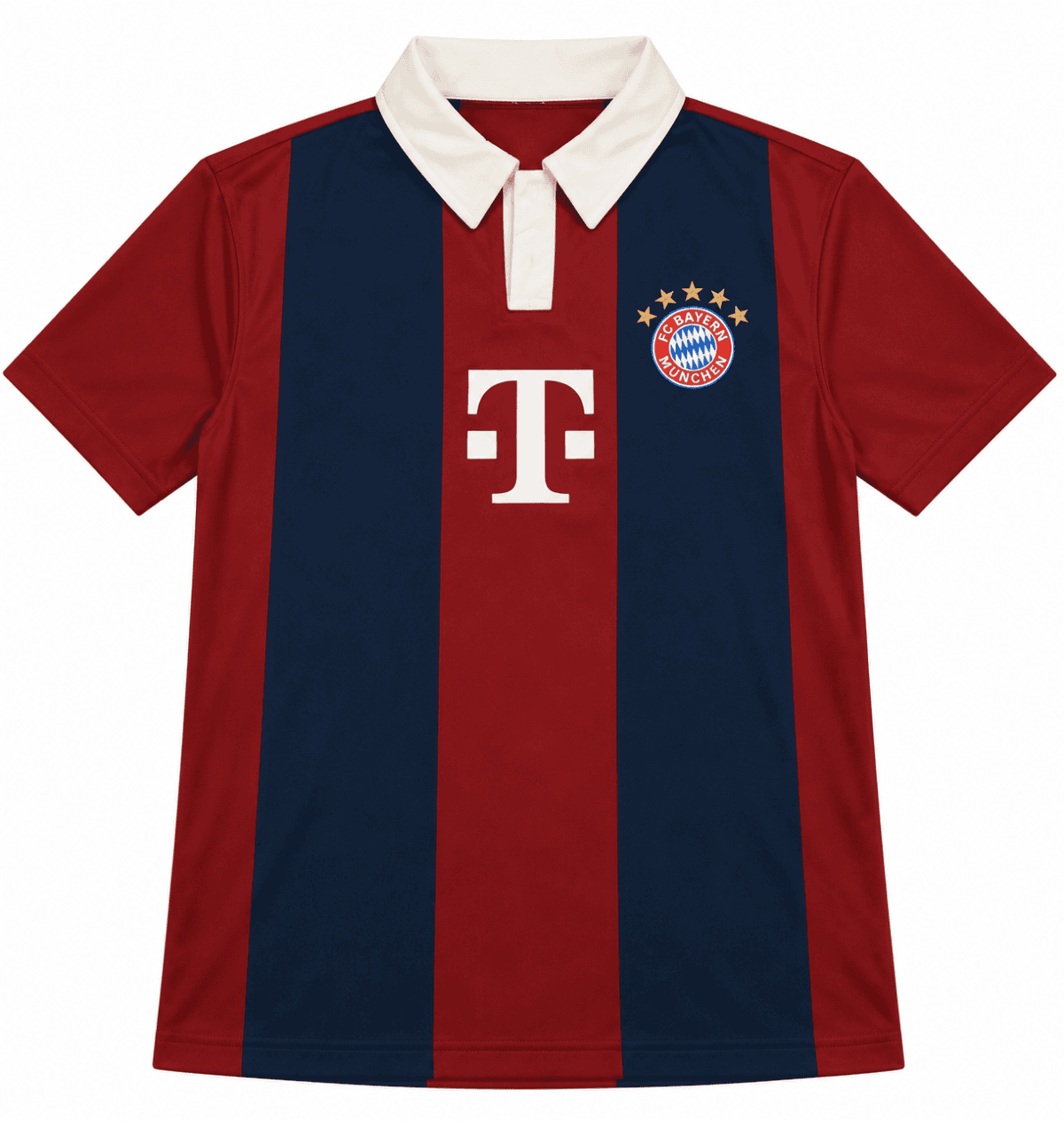 Bayern Munich home football jersey with red and blue vertical stripes and white collar.