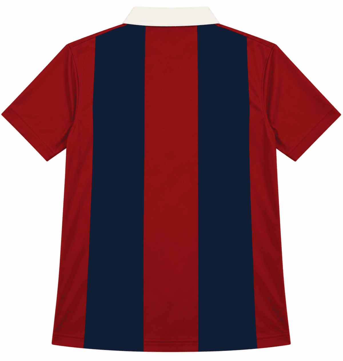 Barcelona striped navy and maroon polo shirt with white collar.