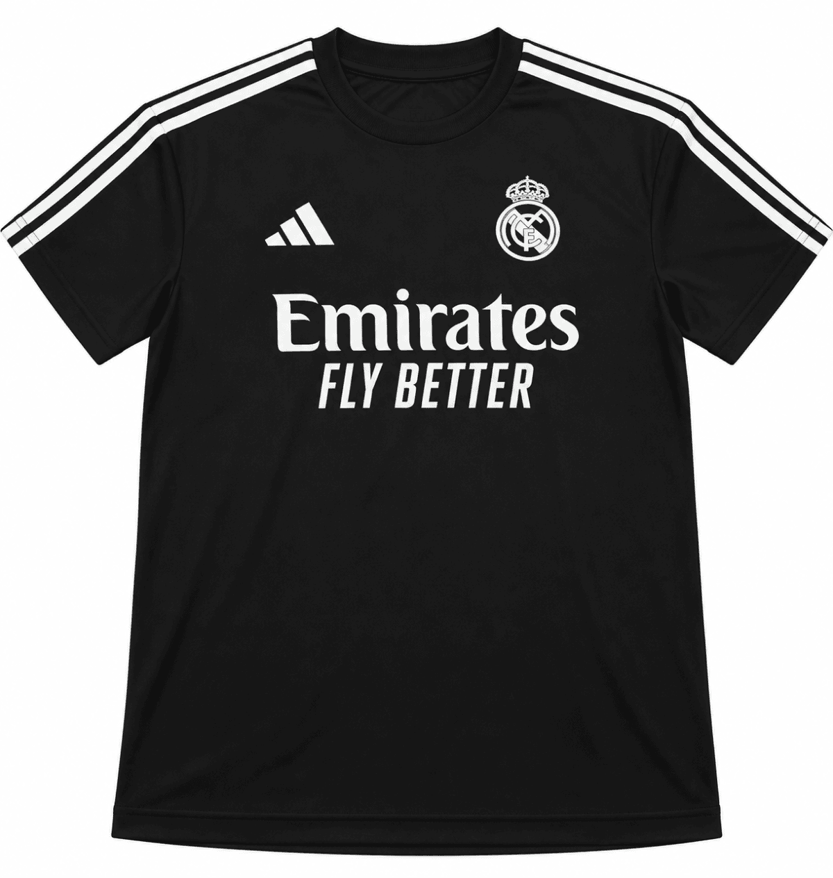 Real Madrid black away jersey with white logo and sponsor, season not specified.