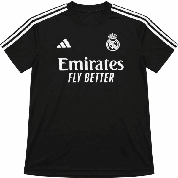 Real Madrid black away jersey with white logo and sponsor, season not specified.