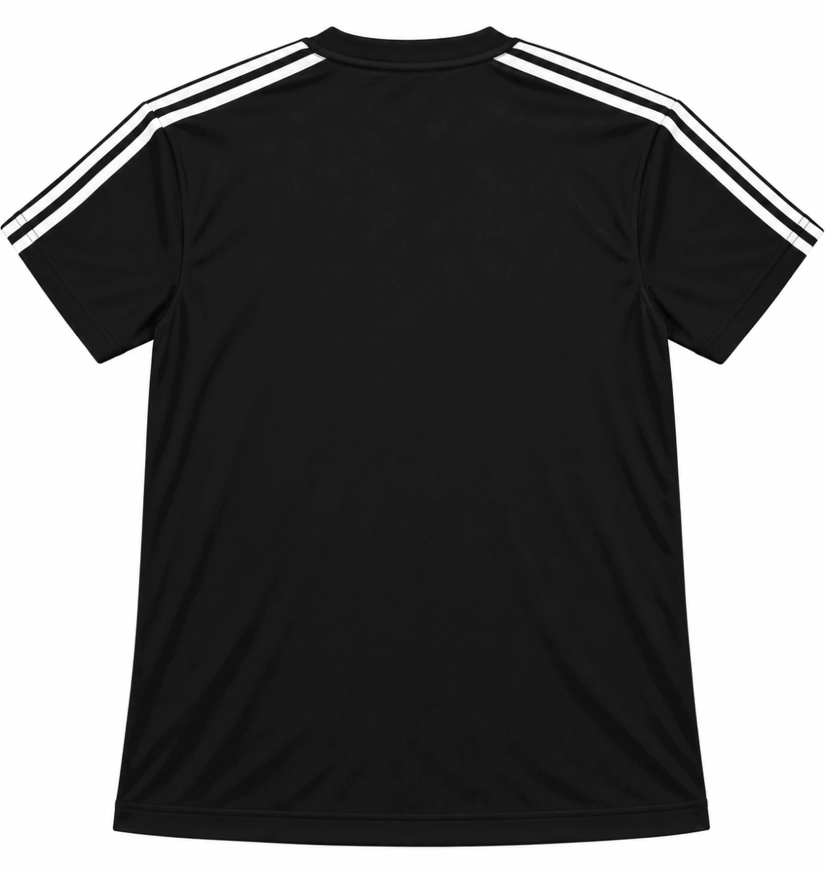 Black Real Madrid football jersey with white stripes on shoulders, front view.
