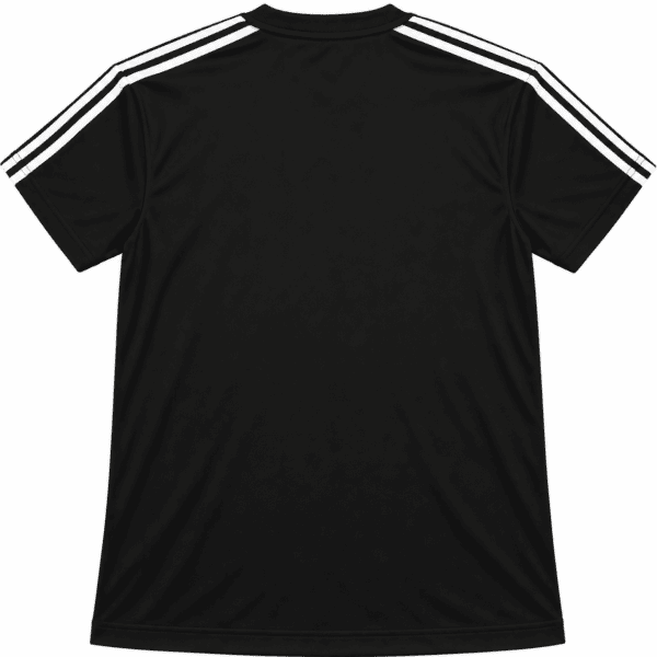 Black Real Madrid football jersey with white stripes on shoulders, front view.