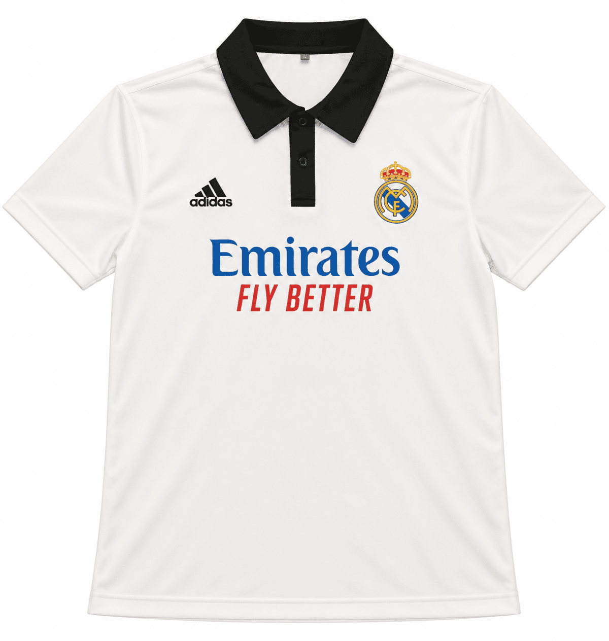 Real Madrid white polo shirt with black collar, club crest, Adidas logo, and Emirates sponsor.