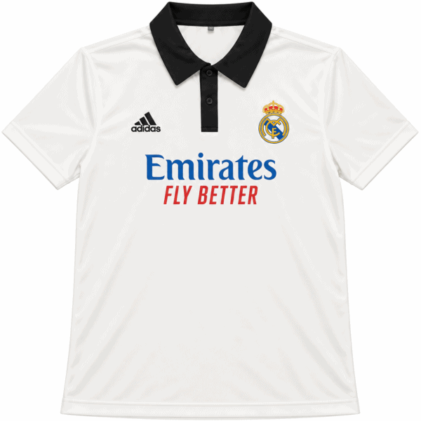 ChatGPT Image Sep 5 2026 01_47_31 PM - UAE SPORT STORE Real Madrid white polo shirt with black collar, club crest, Adidas logo, and Emirates sponsor.