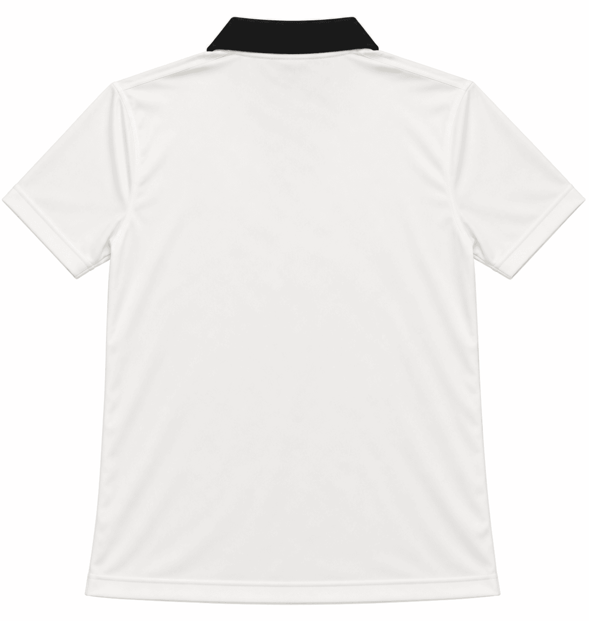 White polo shirt with black collar, no visible logos or designs.