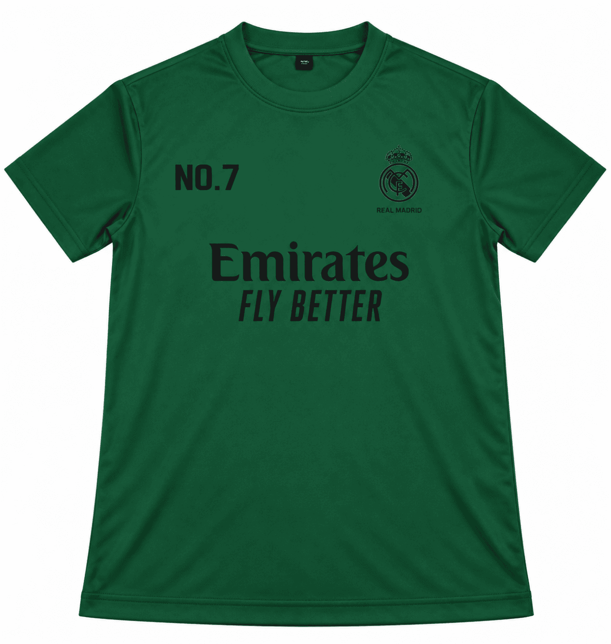 Real Madrid green football jersey with club crest and sponsor logo.