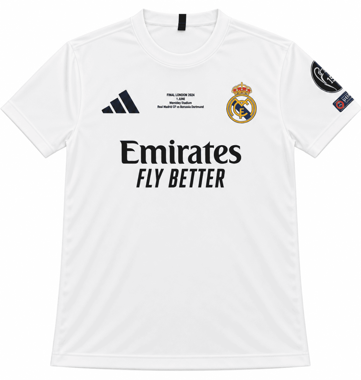 Real Madrid white football jersey with club crest and sponsor logo.