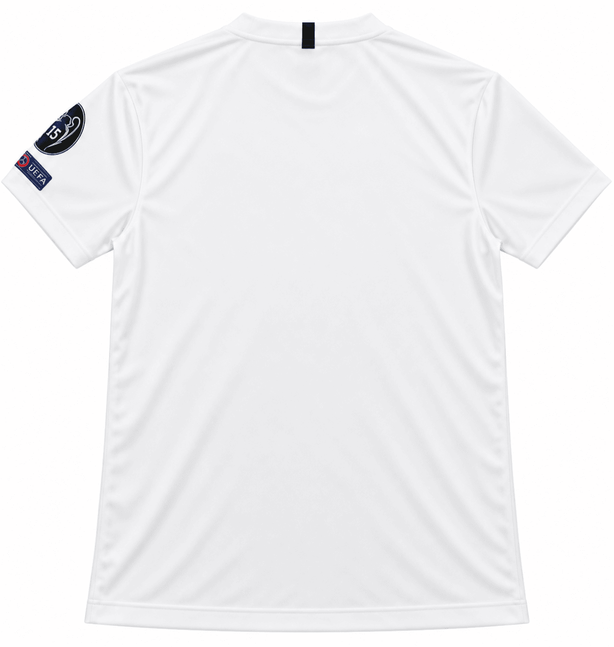 White Real Madrid football jersey with club badge and sponsor logo on sleeve.